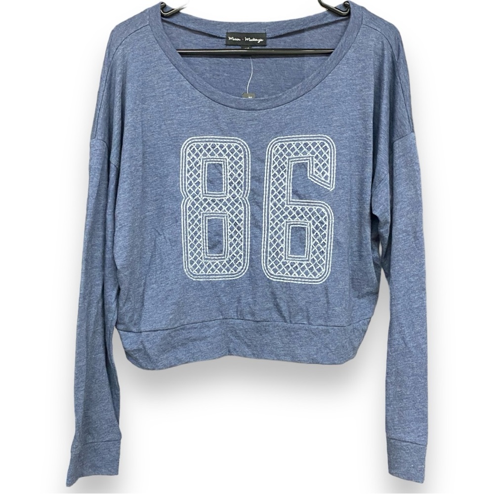 NEW Sporty Chic: Mason + McKenzie Heather Blue ‘86’ Graphic Long-Sleeve Top XL